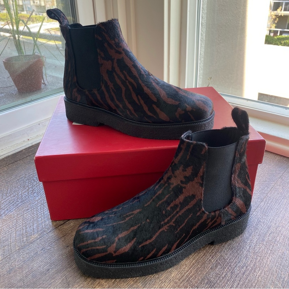 STAUD Black and Brown Tiger-Print Chelsea Booties